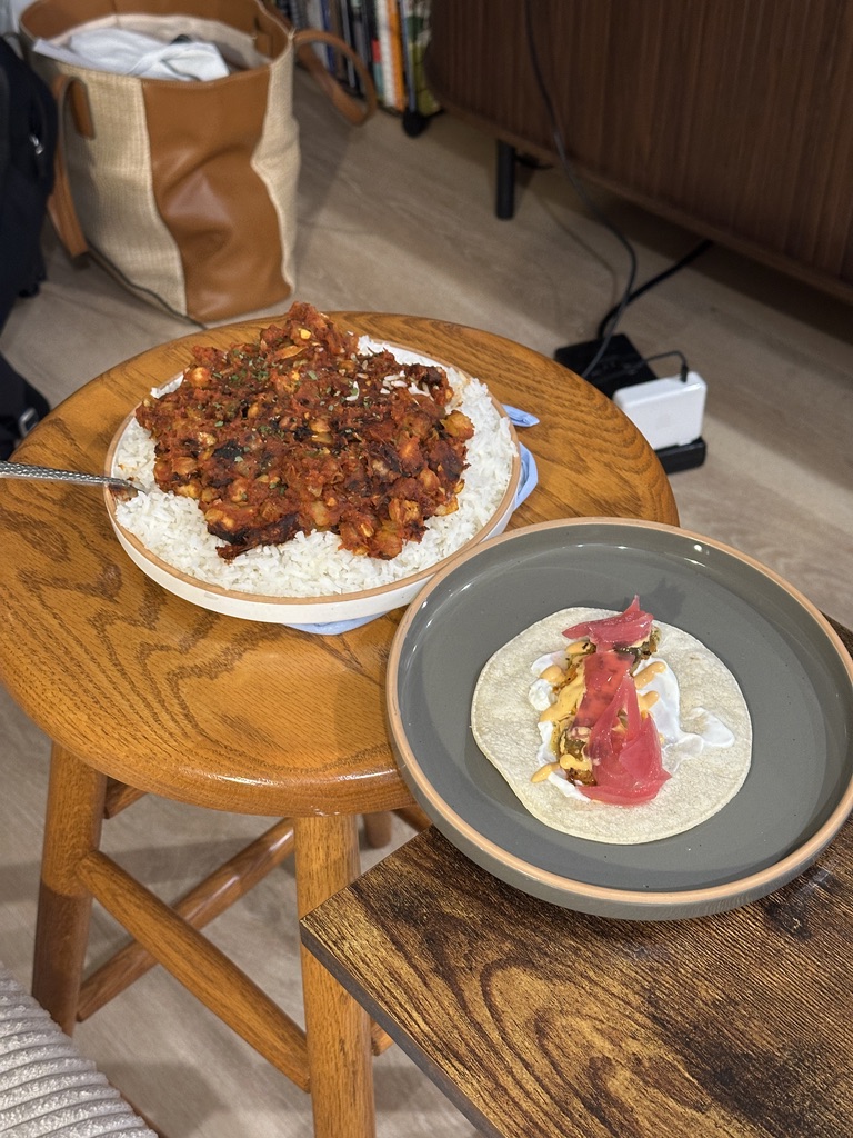 Chipotle shrimp tacos with curry rice with beans